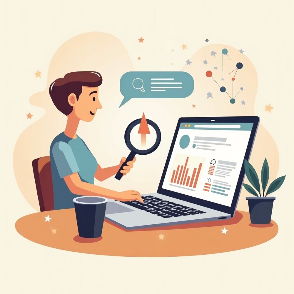 ChatGPT et SEO : méthode simple pour débuter, illustration éditoriale par Clara Morel, intelligence artificielle