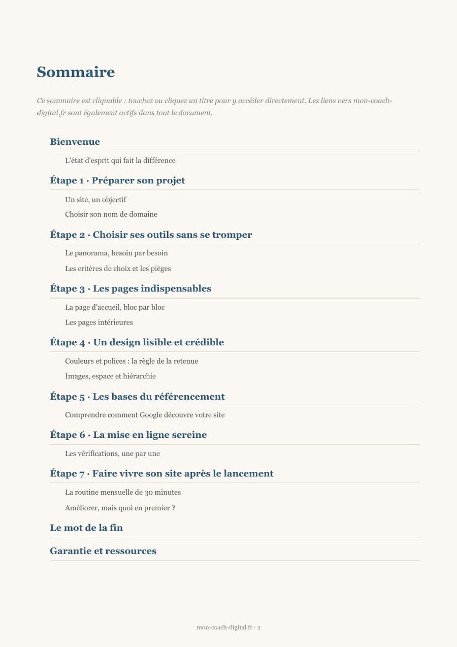 Aperçu réel de l'ebook Créer son site web sans coder : le sommaire