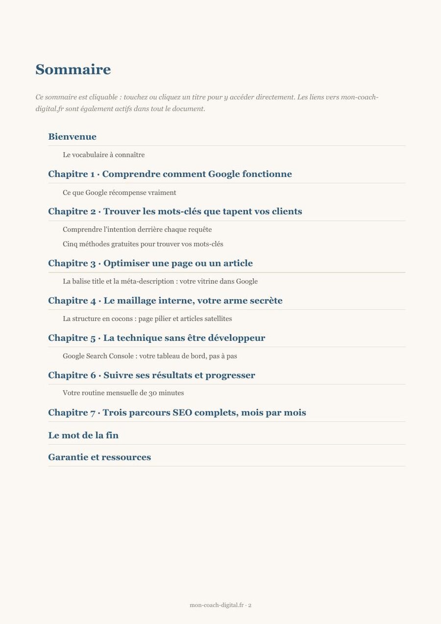 Aperçu réel de l'ebook Guide SEO débutant : le sommaire