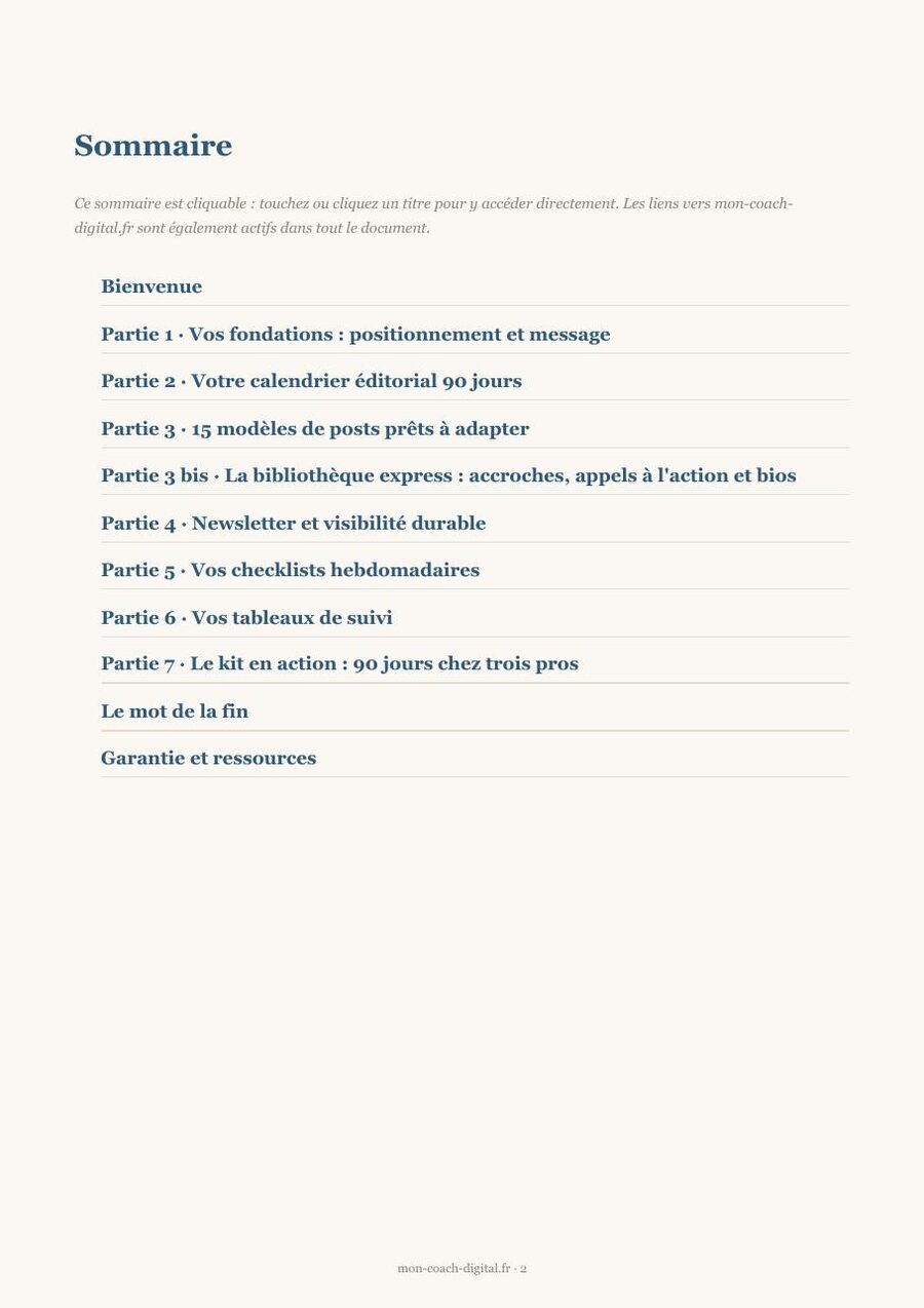 Aperçu réel de l'ebook Kit visibilité digitale : le sommaire
