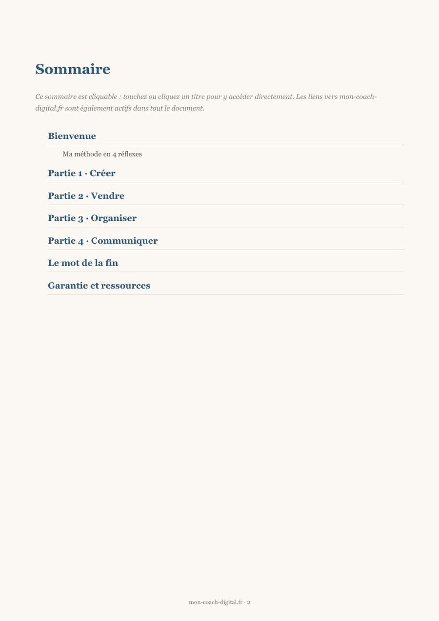 Aperçu réel de l'ebook Prompts ChatGPT entrepreneurs : le sommaire