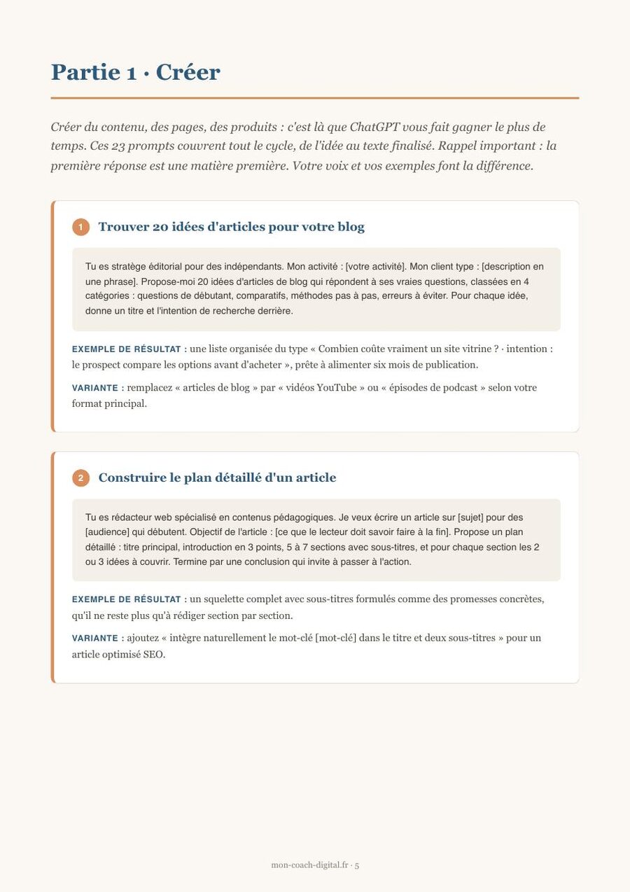 Aperçu réel de l'ebook Prompts ChatGPT entrepreneurs : une page intérieure